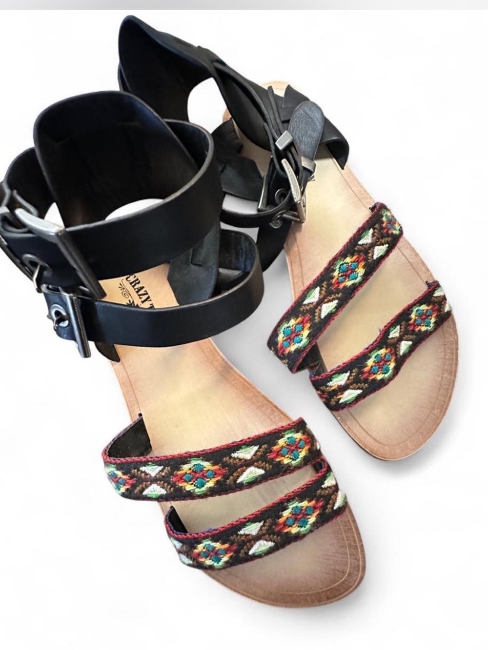 Crazy Train Embroidered Gladiator Sandals Black Boho Western Size 9